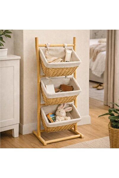 Generica Three-tier bamboo storage basket holder with fabric baskets