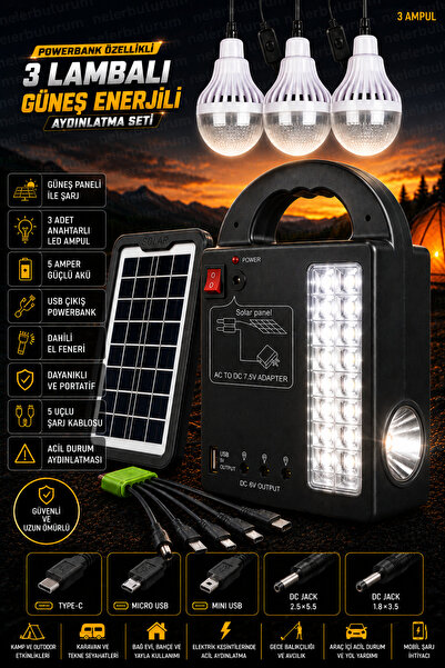 nelerbulurum PANELLİ GÜNEŞ ENERJİLİ LAMBA 3 AMPULLÜ POWERBANK ÖZELLİKLİ ŞARJ ...