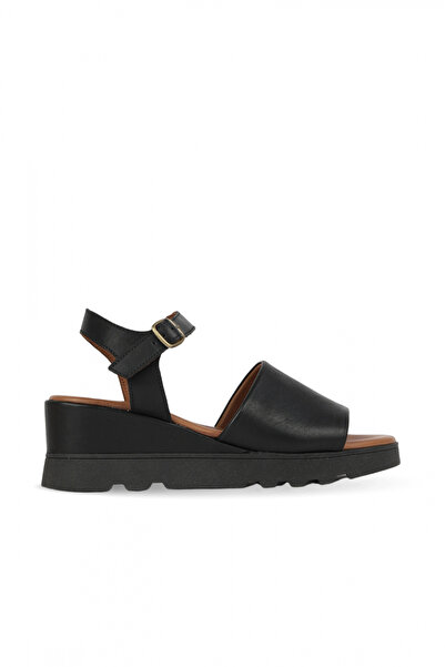 BUENO Black Leather Women's Wedge Heeled Sandals