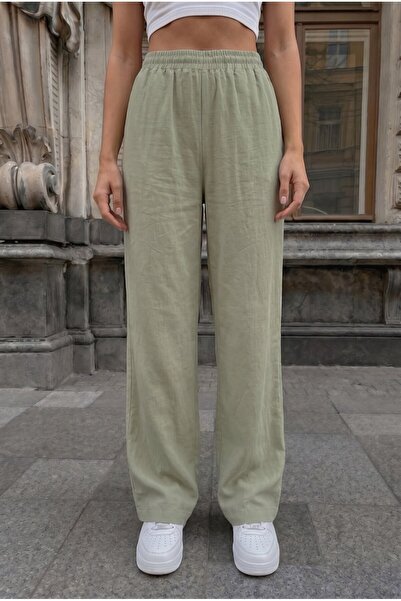 alanora Khaki Linen Blend Loose-Fit Elastic Waist Pants