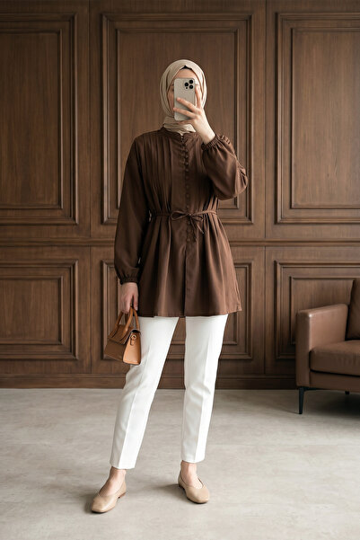 MODAQU Buttoned Front Ribbed Detailed Poplin Shirt Tunic - Brown