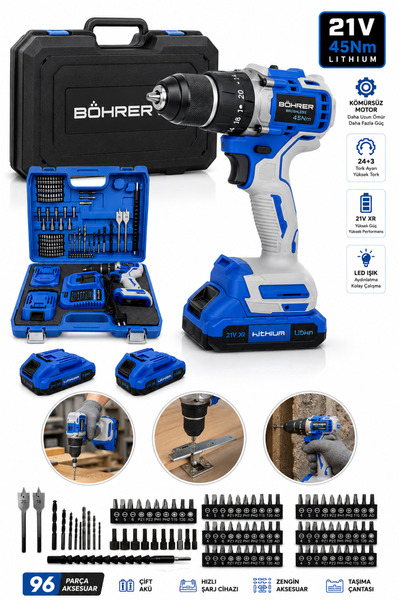 BÖHRER PRO 21V 2AH 45NM AKÜLÜ DEMİR MANDREN 84 PARÇA DARBELİ AKÜLÜ VİDALAMA M...