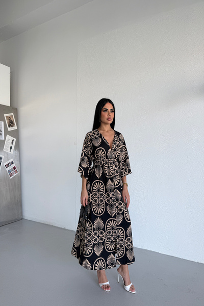KAŞİHA Kruvaze Collar, Elastic Waist, Ethnic Patterned, Slit Women's Dress