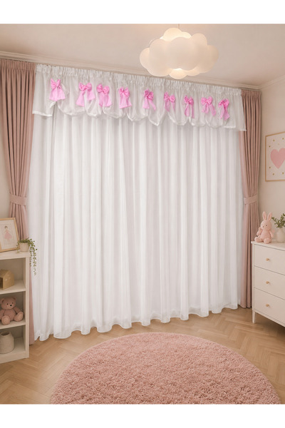 Liz Line Perdea din voal, cu fundite hand-made, alb/roz, cu rejansa de 6 cm, ...