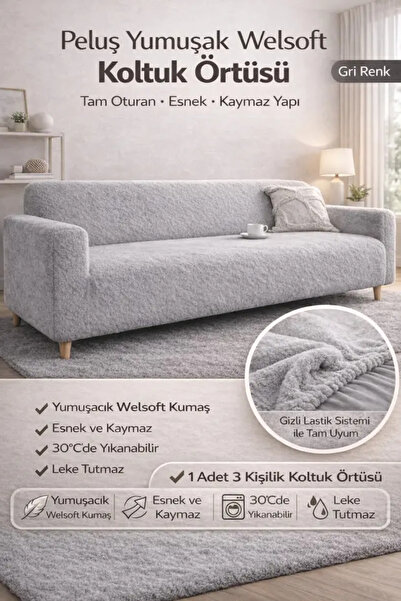 elyar Pelüş Düz 3 Kişilik Welsoft Kanepe Örtüsü | Lastikli Koltuk Örtüsü |çek...