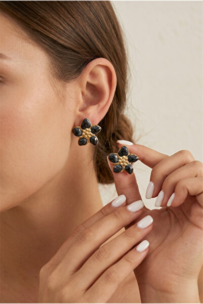 Pelin Aksesuar Black Enameled Flower Figured Gold Color Steel Earrings