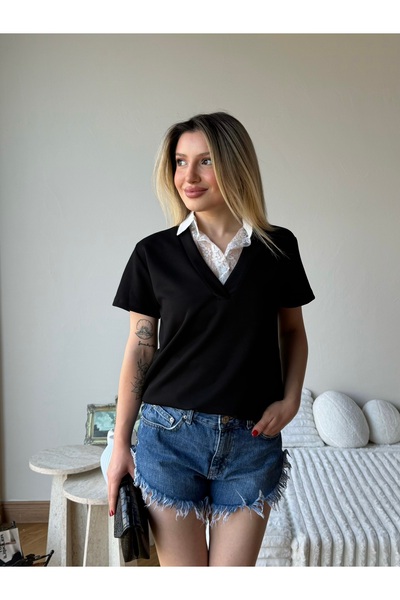 MODAMERSİ Tricou de damă negru cu guler din dantelă