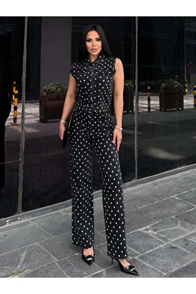 YVONNE Polka Dot Denim Yelekli Takım