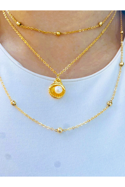BİJUTERİ EVİ İnci Detaylı Deniz Kabuğu Uçlu Top Zincirli Kadın Kolye | Gold Renk Katmanlı Şık Kolye