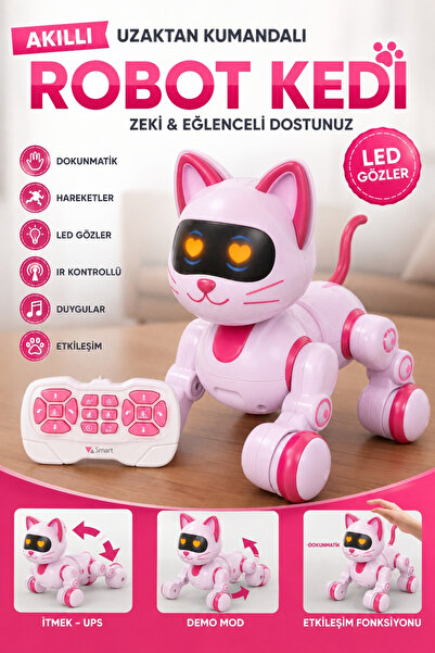 Wair Teknoloji Uzaktan Kumandalı Akıllı Robot Kedi Dokunmatik, LED Gözlü, Şar...
