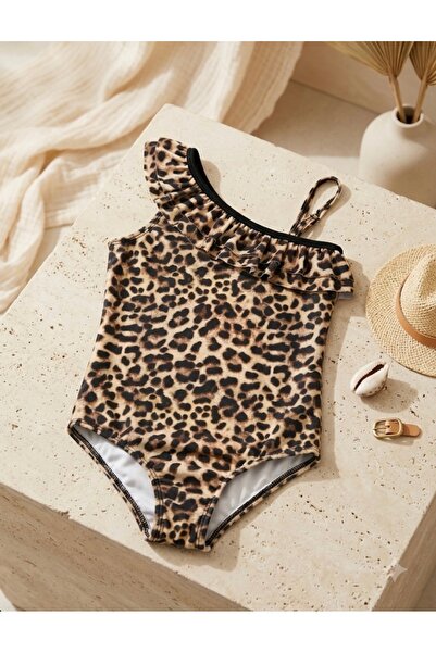 KDSYLDZ Kız Çocuk Leopar Detaylı Mayo