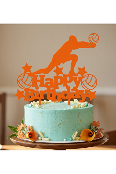 Kanem3D Voleybol Temalı Happy Birthday Pasta Süsü - Turuncu Voleybolcu ve Top...