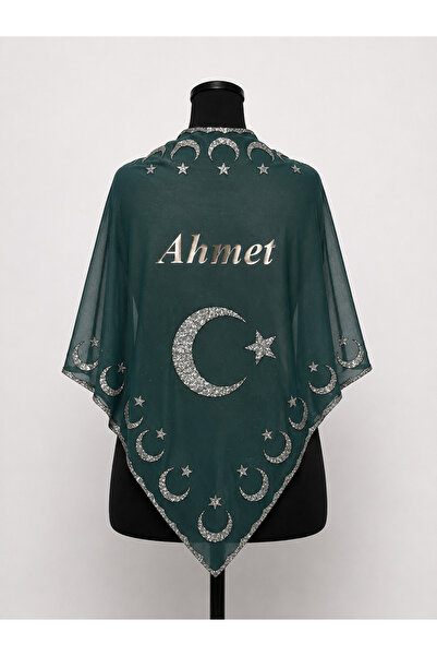 ELYNA Yeşil Ayyıldız Üçgen Şifon Gümüş Baskılı İsimli Damat Örtüsü (Eldivenli)