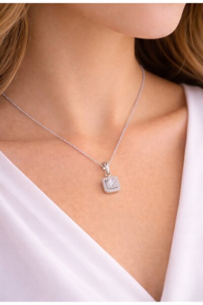Larezo 925 Silver Necklace, Square Pendant With Sheer Cubic Zirconia, Ideal G...