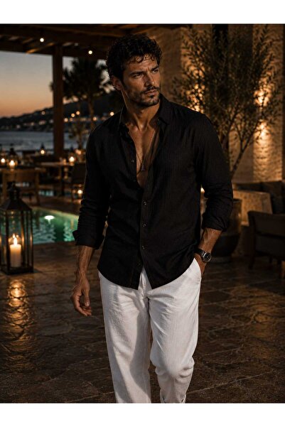 YNGMENCLASS Fit Cut Cotton Linen, Breathable, Light Textured, Button-Up Colla...