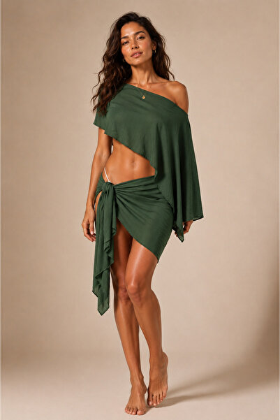 Sebir Moda Asymmetrical Cut Linen Blend Bikini Top & Pareo Set