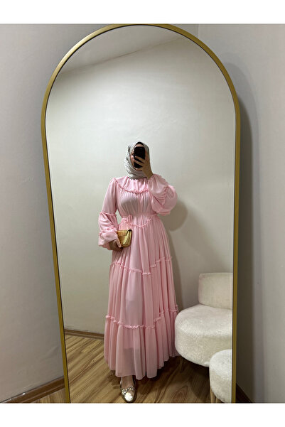 BNGL Boutique Yazlık şifon astarlı kuşaklı fırfır elbise