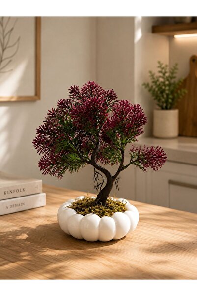 Lineva Beyaz Bubble Saksıda Yapay Bordo Kasımpatı Bonsai – Dekoratif Yapay Çiçek