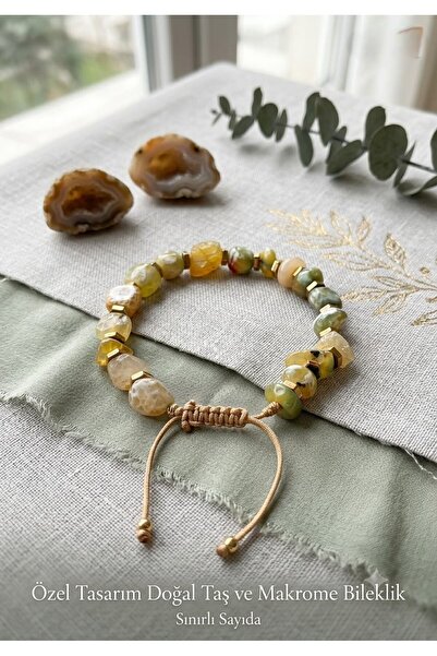 VİONEA Agate Natural Stone Special Cut Macrame Knitted Bracelet - Hematite De...