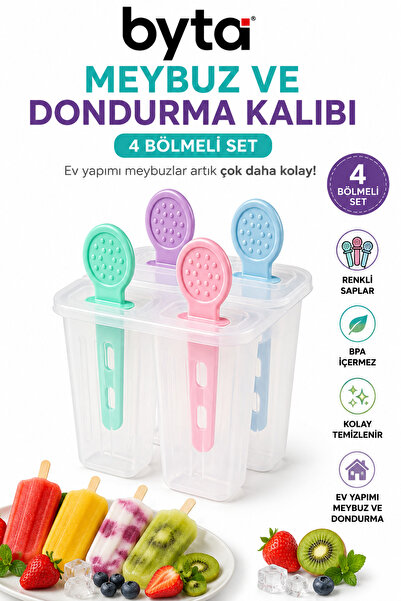 BYTA 4 Bölmeli Meybuz ve Dondurma Kalıbı BPA İçermez Ev Yapımı Dondurma Kalıb...