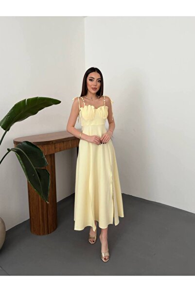 asyadabutik Women's Strappy Dress with Pleated Detail on the Chest and Double...