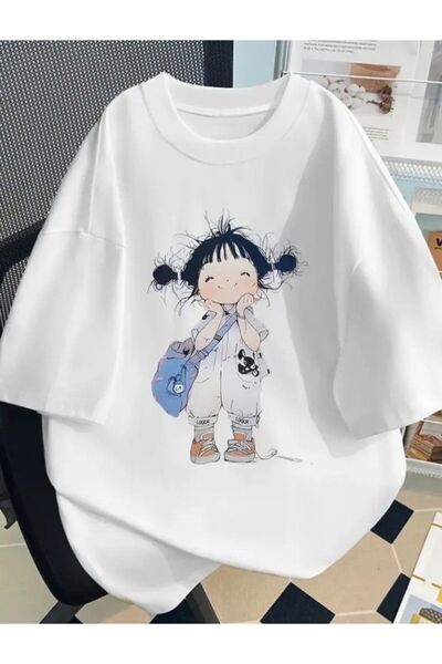JANTIL MODA Women's White Oversize T-Shirt Cute Girl Printed Casual Summer Wear