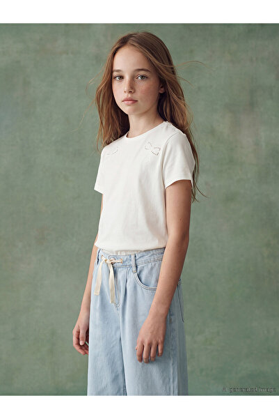 LC Waikiki Trendlucky Girl's T-Shirt with Bow Embroidery and Contrast