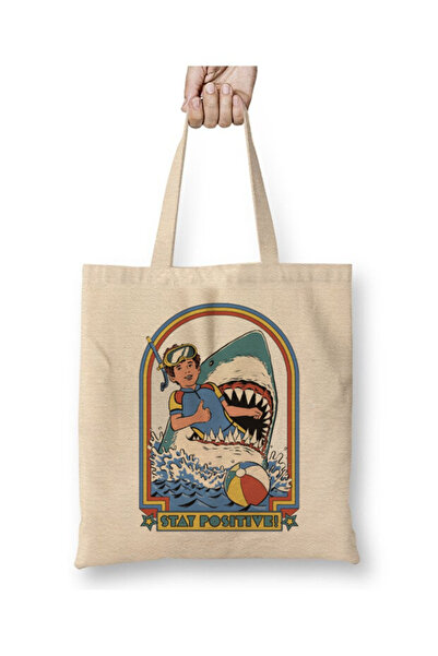 Toyaso Stay Positive White Tote Bag Long Handle Shopping Bag Beach Bag