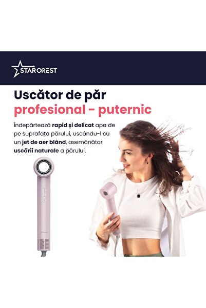 STARCREST Uscator de par profesional SHD-6-1PK, 1300 W, 6 Accesorii incluse, 3 Trepte de viteza, 3 Trepte de temperatura, Buton de aer rece, Roz