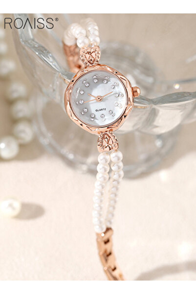 ROAISS Women's Quartz Watch with Pearl Strap Round Dial Rhinestone Decoration...