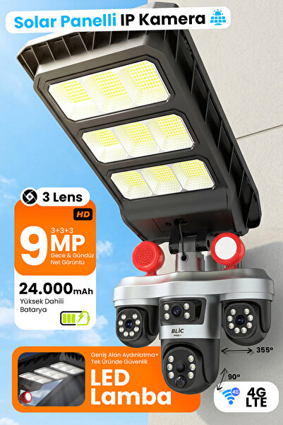 Blic BLM-102 4G LTE WiFi 13W Solar 3 Lens 9MP Dış Mekan IP Kamera – Güneş Pan...