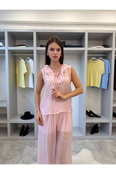 Julidress Ruffle Collar Detailed Blouse and Lined Trousers Top and Bottom Set