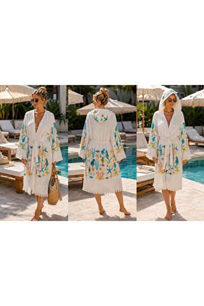 Store Kapüşonlu Kimono Bornoz 110 cm – Deniz Temalı Nakışlı Kuşaklı Plaj ve S...