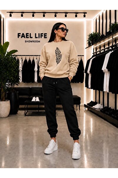 FAEL LİFE Unisex Wide Cut Zero Neck and Sweatpants Feather Printed Set