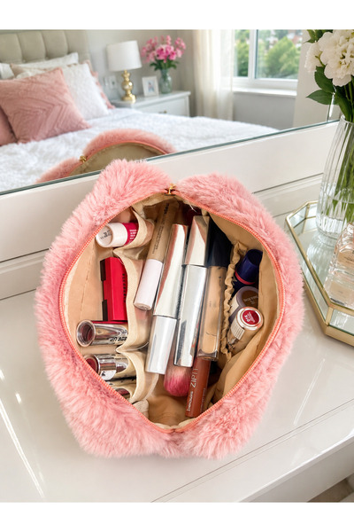 MAKE BAG YENİ PEMBE PELUŞ ORGANİZERLİ ORTA BOY MAKYAJ ÇANTASI