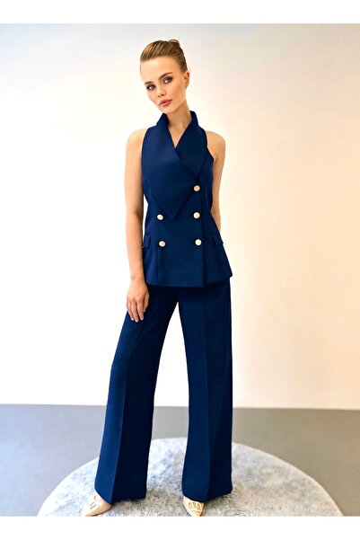 ossons Set de pantaloni bleumarin elegant, cu vestă cu guler șal și detalii c...