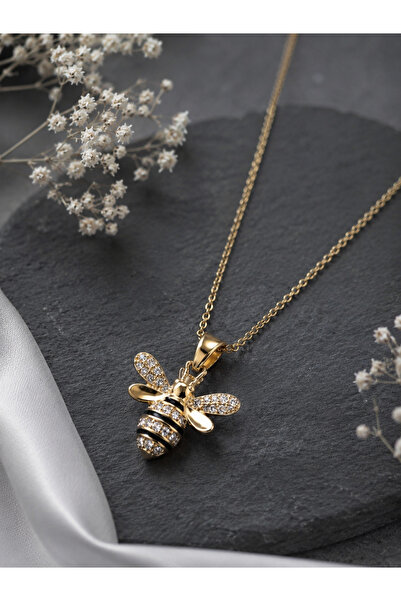 Sylvera Shop Steel Necklace with Sparkling Stone and Bee Figure (Gold Color)