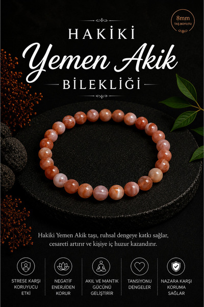 OSMANLI DEĞERLİ TAŞ سوار من العقيق اليمني الأصلي المعتمد مقاس 8 مم (20-21 سم)