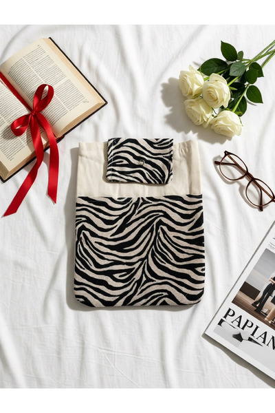 efsunkar Zebra Desenli Kanvas Kitap Çantası Çıtçıtlı Kitap Koruyucu Kılıf Tab...