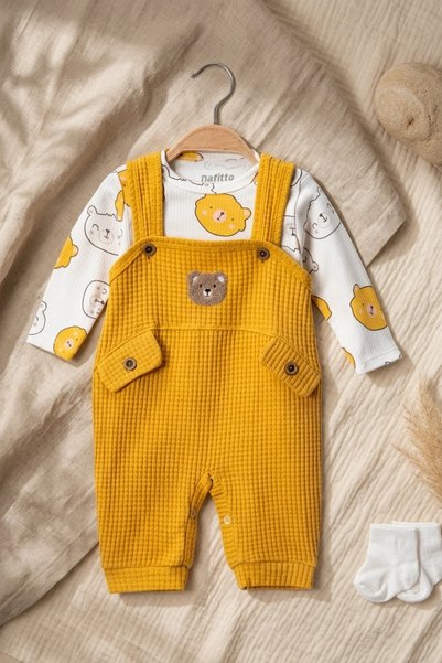 Generic Brand Teddy Sage Baby Boy Gofre Salopet and Teddy Bear Bodysuit 2-Piece Set with Socks as a Gift - Cotton Yellow Bahçı