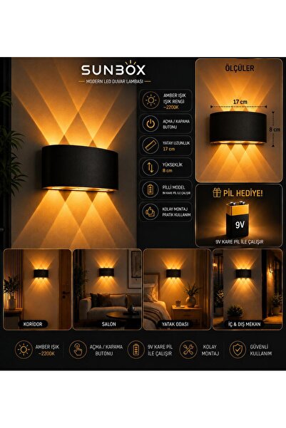Sunbox Pilli Beyaz LED Duvar Aplik – Kablosuz Modern Aydınlatma 6500K