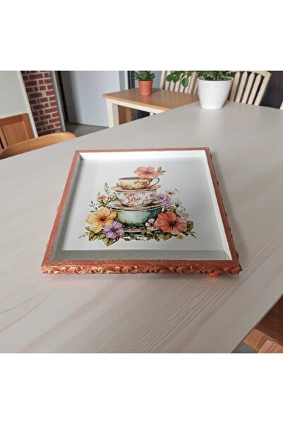 DERYA DESİNG ART Floral Patterned Hand Painted Embossed Wooden Tea-Coffee Tra...