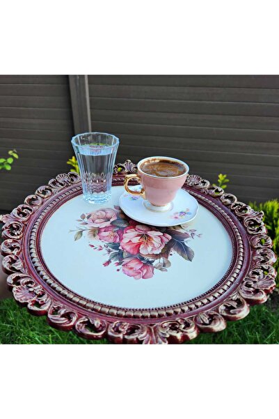 DERYA DESİNG ART صينية شاي وقهوة خشبية من البوليستر مزخرفة بالزهور ومطلية يدويًا، صينية تقديم مقاس 30x30 سم