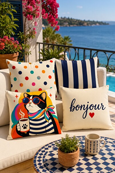 EVPANYA Bonjour ve Kedi Desenli 4'Lü Kırlent Kılıfı Seti