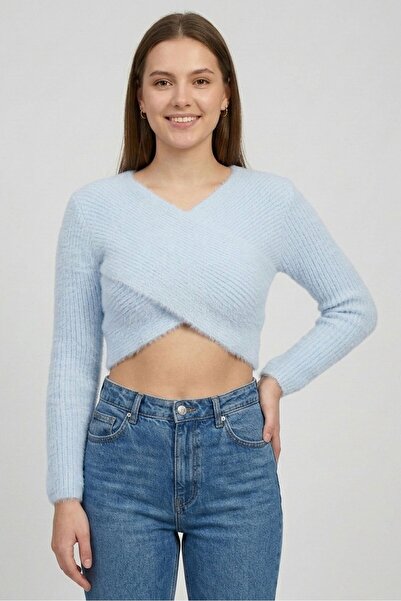 Don't Call Me Jennyfer Women Surplice Neck Long Sleeve Textured Top, Sky Blue