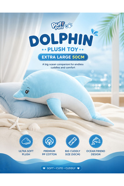 Puff pals Dolphin Plush Toy 50CM Extra Large Soft Ocean Stuffed Animal Premiu...