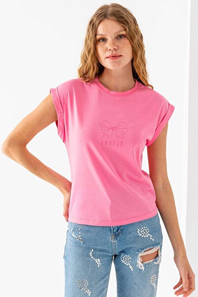 GİYSA Women's Crew Neck Printed Cotton T-Shirt Pink - 925009