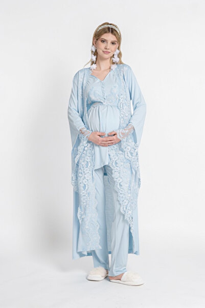 Effortt Venera Dantel Detaylı Lohusa Sabahlıklı Pijama Takımı 3'lü Hamile Pij...