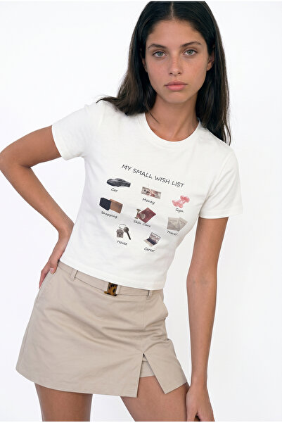 Quzu Tricou cu imprimeu Wish List Icon, Ecru