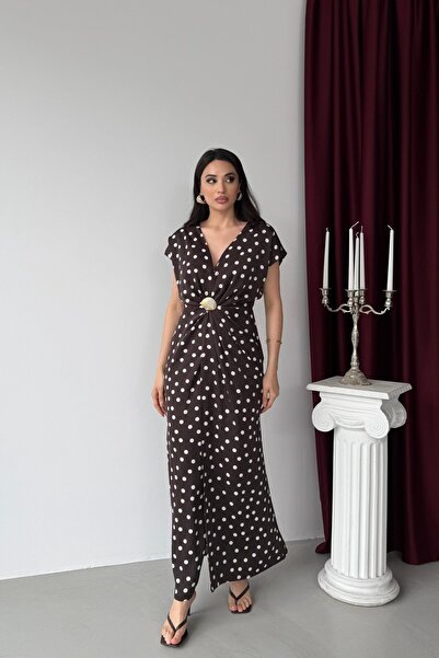 Serica Moda Brown Polka Dot Dress with Waist Buckle Detail and Slit